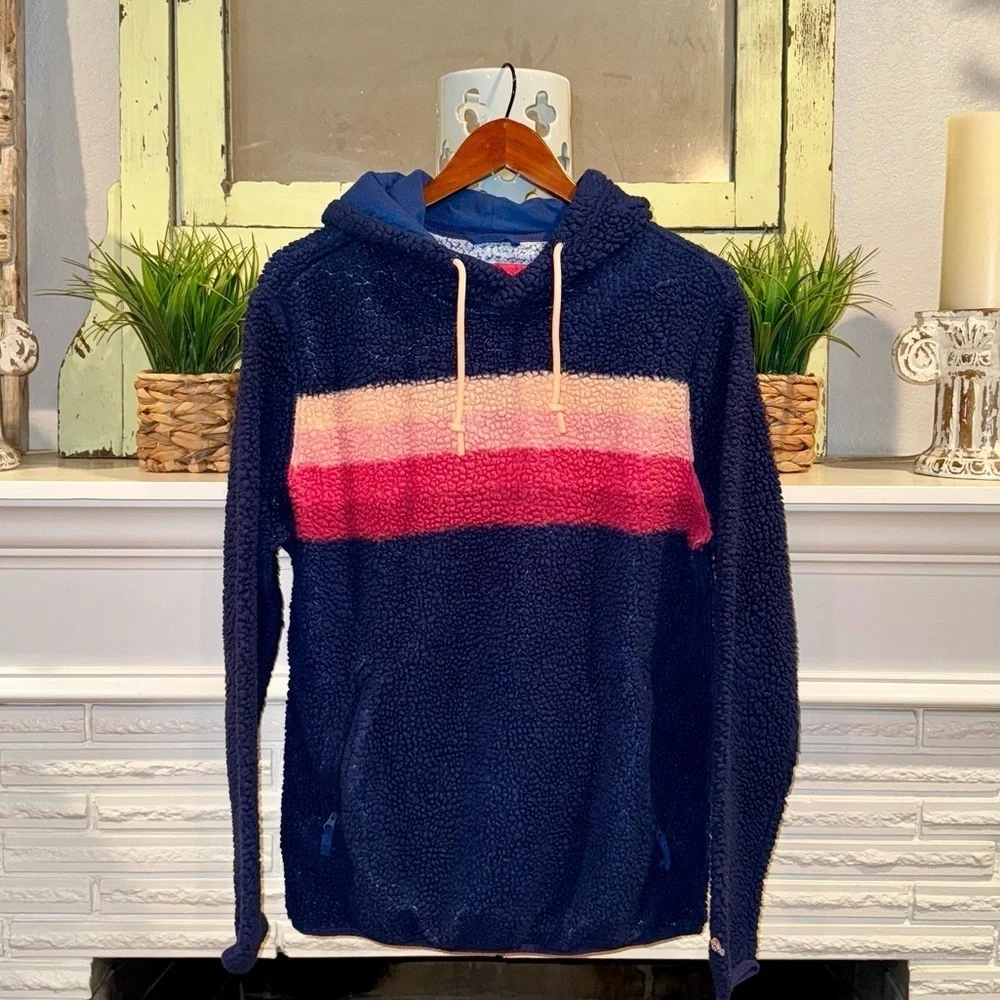CHUBBIES Men's The Skeason Polar Fleece Cozy Hoodie Blue Pink Stripes Size M